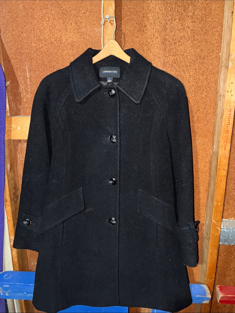 London Fog Black Wool-Blend Single-Breasted Pea Coat Size L.